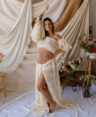 Elasticated Flowy Skirt Maternity Dress Hire - La Rosa Tulle Maxi Two Piece Set - Vanilla