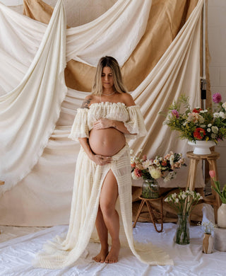 Flared Puff Sleeves Maternity Dress Hire - La Rosa Tulle Maxi Two Piece Set - Vanilla