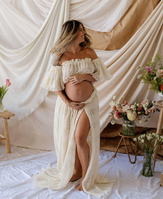 Elasticated Skirt with High Split Maternity Dress Hire - La Rosa Tulle Maxi Two Piece Set - Vanilla