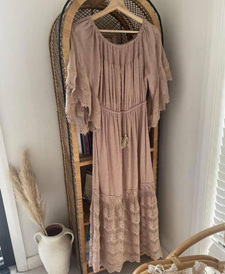 Mocha Lace Maternity Dress Hire - Perfect for Baby Showers and Photoshoots - Lorraine Mocha Lace Maxi Dress