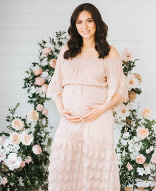 Elegant Bump-Friendly Maternity Dress Hire for Baby Showers and Photoshoots - Lorraine Mocha Lace Maxi Dress