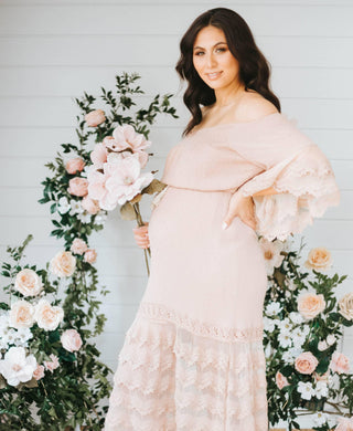 Lorraine Mocha Lace Maxi Dress - Tiered Trims for Stylish Comfort Maternity Dress Hire