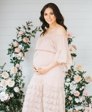 Stunning Lace Details Maternity Dress Hire - Lorraine Mocha Lace Maxi Dress
