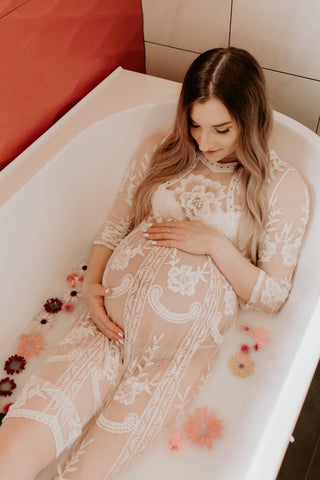 Graceful Crochet Lace Maternity Attire - Madeleine Ivory Lace Midi Dress - Maternity Dress Hire