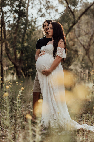 Empire Waistline Maternity Gown - Magnolia Lace Maternity Maxi Dress - White Off the Shoulder Maternity Dress Hire -Sheer Maternity Wedding Gown