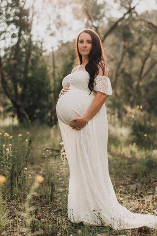 Sweetheart Neckline Maternity Dress Hire - Magnolia Lace Maternity Maxi Dress - White Off the Shoulder Maternity Dress Hire