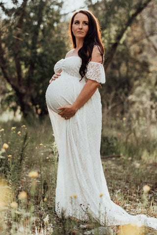 Sweet and Romantic Maternity Dress - Magnolia Lace Maternity Maxi Dress - White Off the Shoulder Maternity Dress Hire