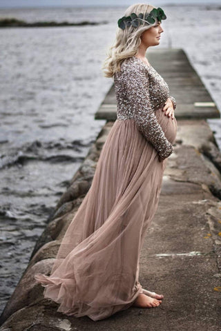 Maya Maternity Long Sleeve Tulle Maxi With Sequins: Taupe Maternity Dress Hire for Photoshoots - Taupe Dress Australia