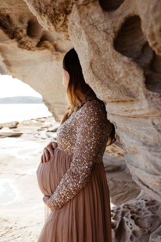 Maya Maternity Long Sleeve Tulle Maxi With Sequins: Tulle Maternity Dress Hire - Empire Waistline Dress Australia