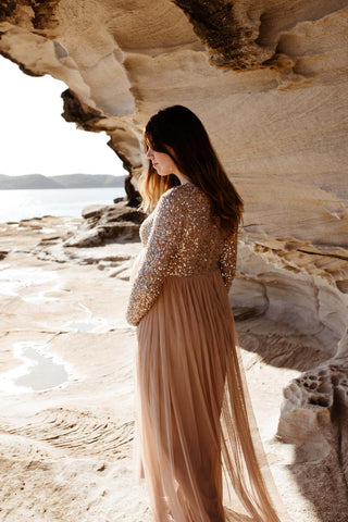 Maya Maternity Long Sleeve Tulle Maxi With Sequins: Sequin- embellished Top Maternity Dress Hire