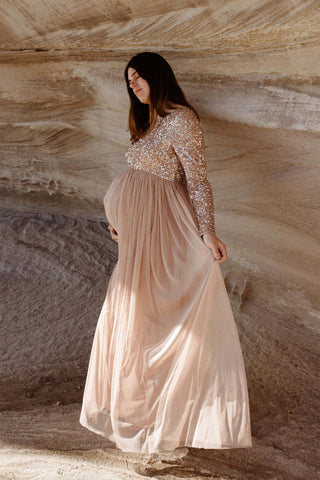 Maya Maternity Long Sleeve Tulle Maxi With Sequins: Long Sleeves Maternity Dress Hire - Bump Friendly Maternity Dress Hire