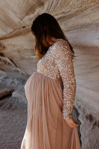 Maya Maternity Long Sleeve Tulle Maxi With Sequins: Maternity Dress Hire for Photoshoots - Baby Shower Dress Australia - Maternity Outfit for Special Occasions
