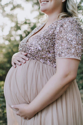 Maya Maternity Short Sleeve Tulle Maxi With Sequins: Taupe Maternity Dress Hire for Photoshoots - Taupe Dress Australia