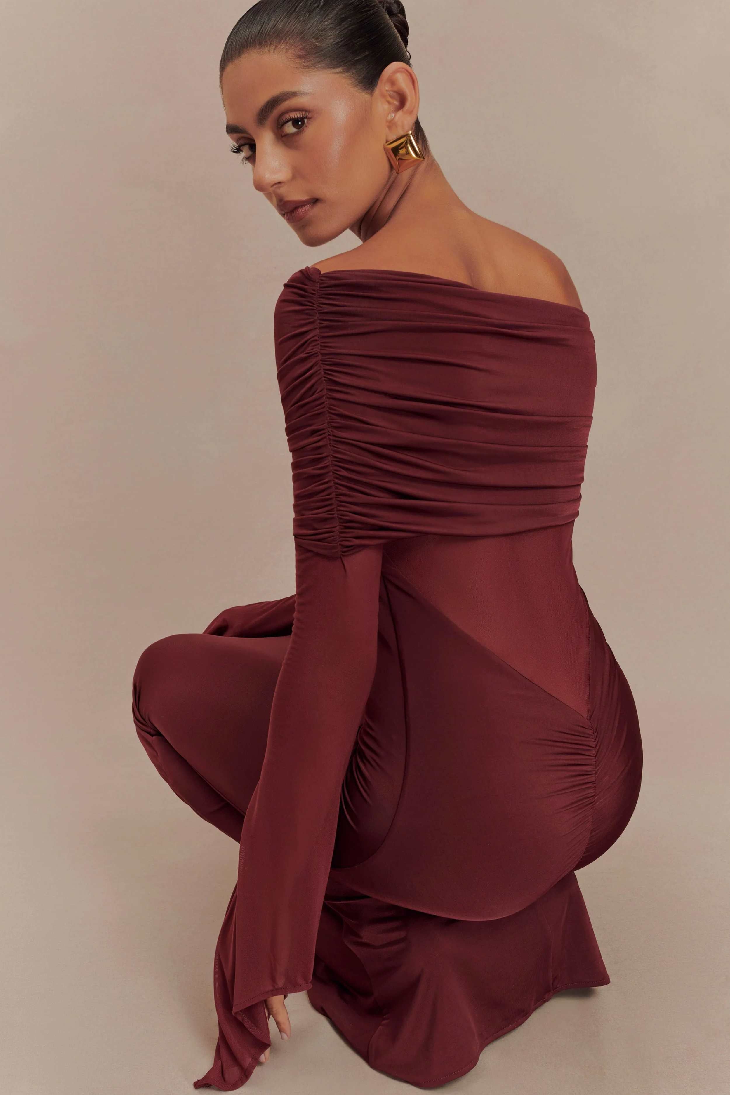 kaitlin one shoulder slinky and mesh maxi dress Kaitlin One Shoulder Slinky And Mesh Maxi Dress / Basil | MESHKI