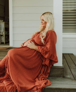 Maternity Dress Hire - We Are Reclamation Ruffle Me Open Gown - Rust linen gauze, plus-size friendly, perfect for showing off your bump.