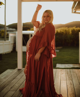 One Size Maternity Dress Hire - We Are Reclamation Ruffle Me Open Gown Rust, Fits Aus 8-22, Linen Gauze