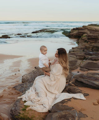 Family Photoshoot Dress Hire - Beige Open Gown - Made of linen gauze, one size fits Aus 8-22, elasticated waist and shoulder for a comfortable fit.