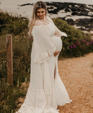 Maternity Dress Hire - We Are Reclamation Ruffle Me Open Gown - Beige - Versatile one-size fits Aus 8-22, ideal for all body shapes.