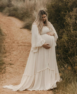 Maternity Dress Hire - Beige Open Gown - Made of linen gauze, one size fits Aus 8-22, elasticated waist and shoulder for a comfortable fit.