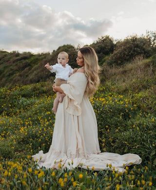 Family Photoshoot Dress Hire - Beige - Maternity Dress Hire - Elasticated waist and shoulders, can be styled on or off the shoulder, and breastfeeding-friendly.