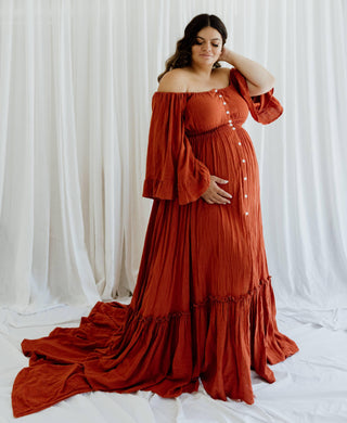 Maternity Dress Hire - We Are Reclamation Ruffle Me Open Gown - Rust - Made of linen gauze, plus size friendly, elasticated waist and shoulder for a comfortable fit.