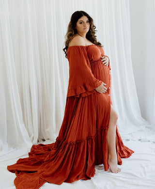 Maternity Dress Hire - We Are Reclamation Ruffle Me Open Gown Rust - Unlined, pair with our Nude Strapless Slip if desired, breastfeeding and plus-size friendly.