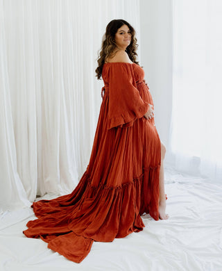 Maternity Dress Hire - We Are Reclamation Ruffle Me Open Gown - Rust - Versatile one-size fits Aus 8-22, ideal for all body shapes.
