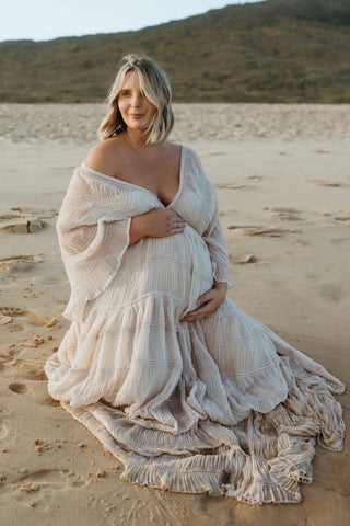We Are Reclamation Wonderment and Awe Gown: Sheer Maternity Dress Hire - Flowy Beach Maternity Photoshoot Dress
