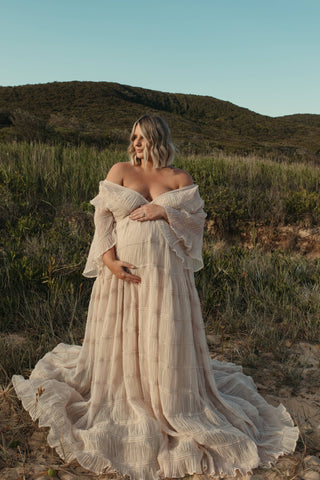 We Are Reclamation Wonderment and Awe Gown: Off the Shoulder Maternity Dress Hire - Light and Airy Maternity Photoshoot Dress
