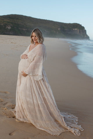 We Are Reclamation Wonderment and Awe Gown: Long Sleeve Maternity Dress Hire - Dreamy Sheer Chiffon Maternity Photoshoot Dress