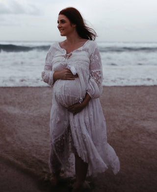 Breastfeeding-Friendly Maternity Dress Hire with Tassel Detail - Sacred Bundle Tallulah Lace Maxi Dress