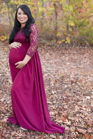 Elegant Lace Maternity Dress Hire - Scarlett Lace Maternity Maxi Dress - Burgundy