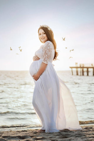 Three-Quarter Sleeve Lace Maternity Dress Hire - Scarlett Lace Maternity Maxi Dress - White