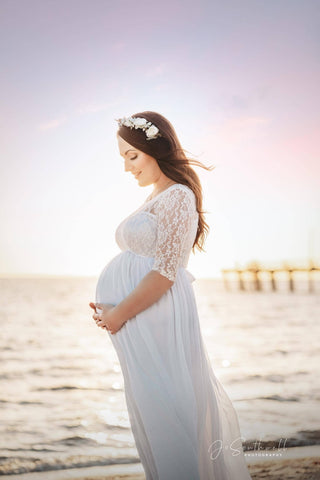 Classy Lace Bodice Maternity Dress Hire - Scarlett Lace Maternity Maxi Dress - White