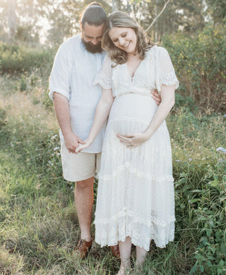 Gathers on Sleeve Beauty Maternity Dress Hire - Spell Dawn Lace Gown