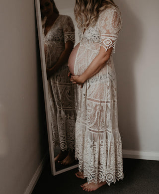 Spell Rhiannon Gown - Ivory Lace Maternity Dress Hire - Rent Sizes XS to XL - Button Up Dress - Feminine and Elegant - Cream Color