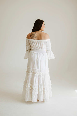 Off the shoulder boho wedding dress hire