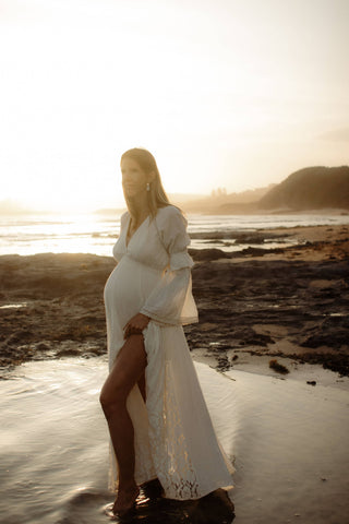 The Boho Shed Eloise Dress: Maternity Dress Hire - Plunge Neckline Boho Maternity Photoshoot Dress