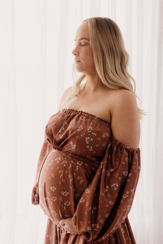 We Are Reclamation Autumn Meadow Satin Gown: Maternity Dress Hire for Boho Baby Shower