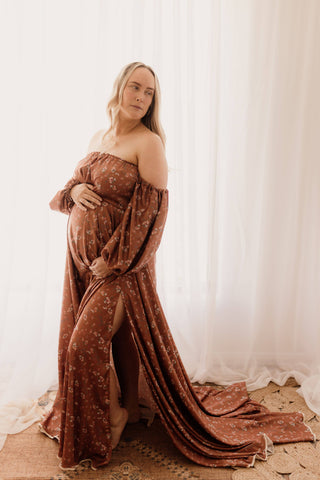 We Are Reclamation Autumn Meadow Satin Gown: Elasticated Waistline Maternity Dress Hire - Extra Long and Flowy Skirt Maternity Photoshoot Gown Hire