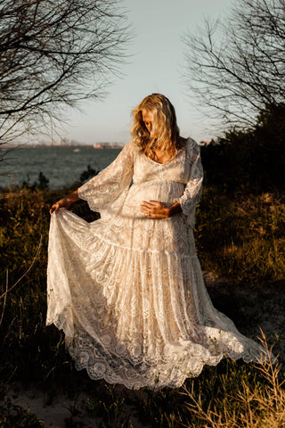 Elegant Ivory Lace Maternity Dress Hire: We Are Reclamation Be Love Gown