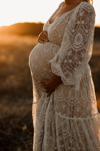 Bump-Friendly Maternity Gown Hire in Australia - We Are Reclamation Be Love Gown - Sheer Lace Maternity Dress Hire