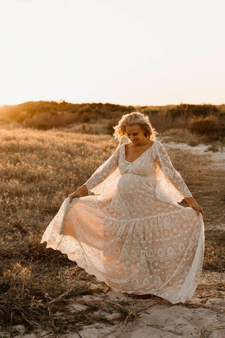 Stylish Sheer Lace Maternity Photoshoot Gown: We Are Reclamation Be Love Gown - Maternity Dress Hire
