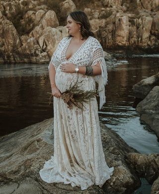 Deep Plunge V Neck Maternity Dress Hire for Photoshoot: We Are Reclamation Bewitched By Boho Gown
