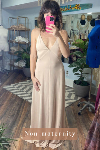 Maternity Dress Hire: We Are Reclamation Bliss Slip - Elegant Plunge Neckline Slip Dress - Low Backline Slip Dress