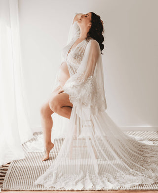 Floral Lace Beautiful Lace Gown for Photoshoots - We Are Reclamation Bloom Where You Are Gown - Maternity Dress Hire
