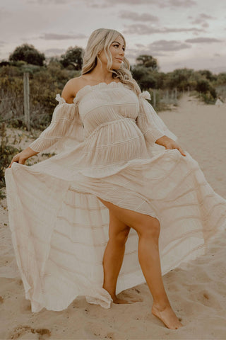 Elegant Off the Shoulder Design- Maternity Dress Hire - We Are Reclamation Chiffon Delight Gown - Beige