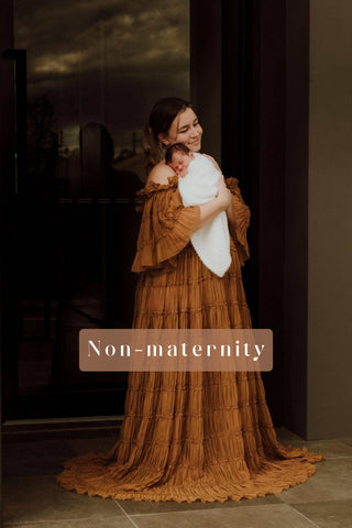 Sheer Chiffon Maternity Dress Hire Australia - We Are Reclamation Chiffon Delight Gown - Caramel - Post-Partum Gown Hire Australia - Newborn Family Photoshoot Dress Hire Australia - Caramel-Coloured Dress Hire Australia - Breastfeeding Friendly Gown Australia