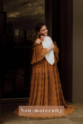 Sheer Chiffon Maternity Dress Hire Australia - We Are Reclamation Chiffon Delight Gown - Caramel - Post-Partum Gown Hire Australia - Newborn Family Photoshoot Dress Hire Australia - Caramel-Coloured Dress Hire Australia - Breastfeeding Friendly Gown Australia