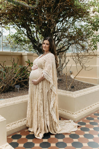 Maternity and Beyond French Lace Unlined Maternity Dress Hire - We Are Reclamation Magic Maker Gown - Dark Ivory - Reclamation Gown Rental Australia
